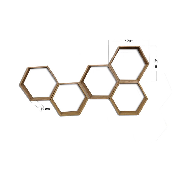 Hanah Home Hex002 Estantería de Pared de Madera de Abeto, 5 Piezas, Nogal